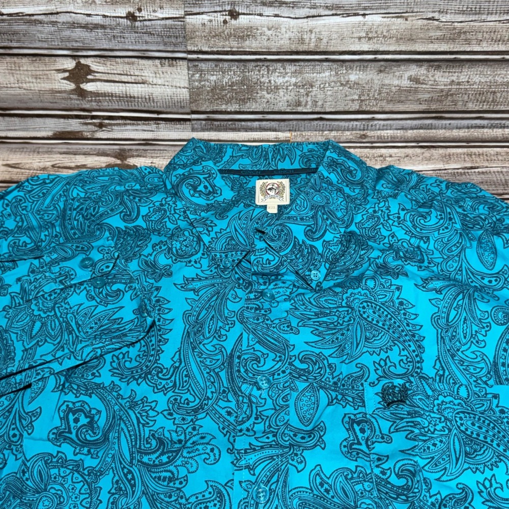 Cinch Button Down Shirt Mens XXL Teal Paisley Print Long Sleeve Western Cotton